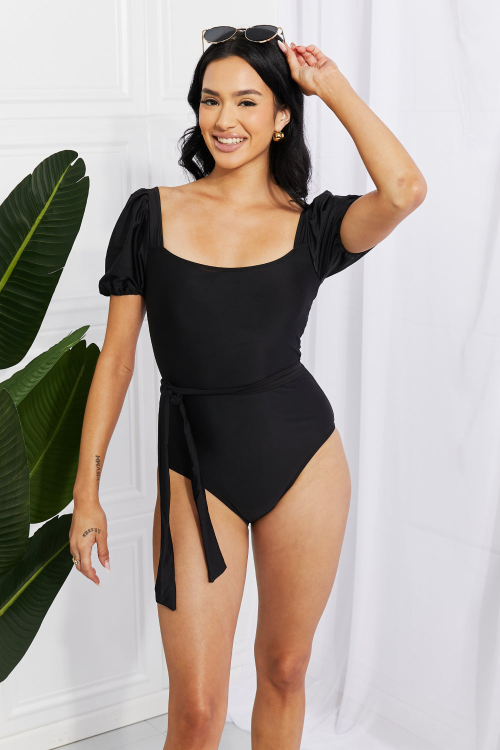 Marina West Swim Salty Air Puff Sleeve One-Piece in Black Trendsi