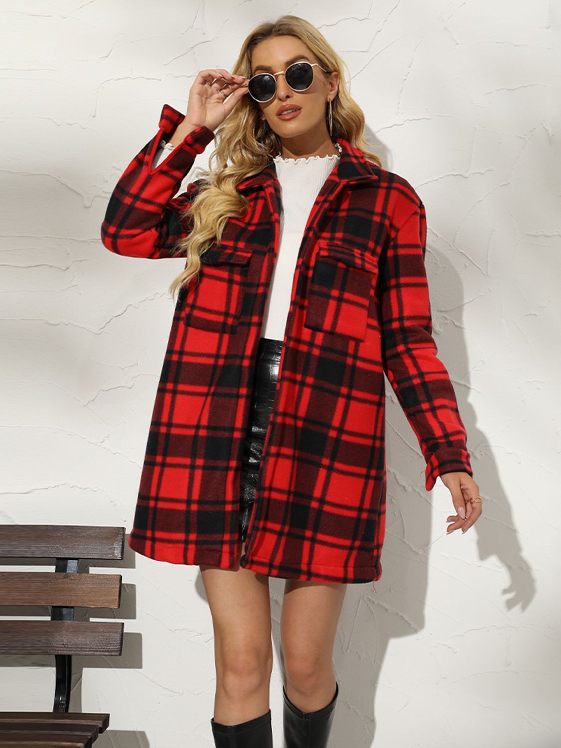 Plaid Collared Longline Coat Trendsi