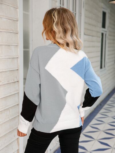 Color Block Round Neck Dropped Shoulder Sweater Trendsi