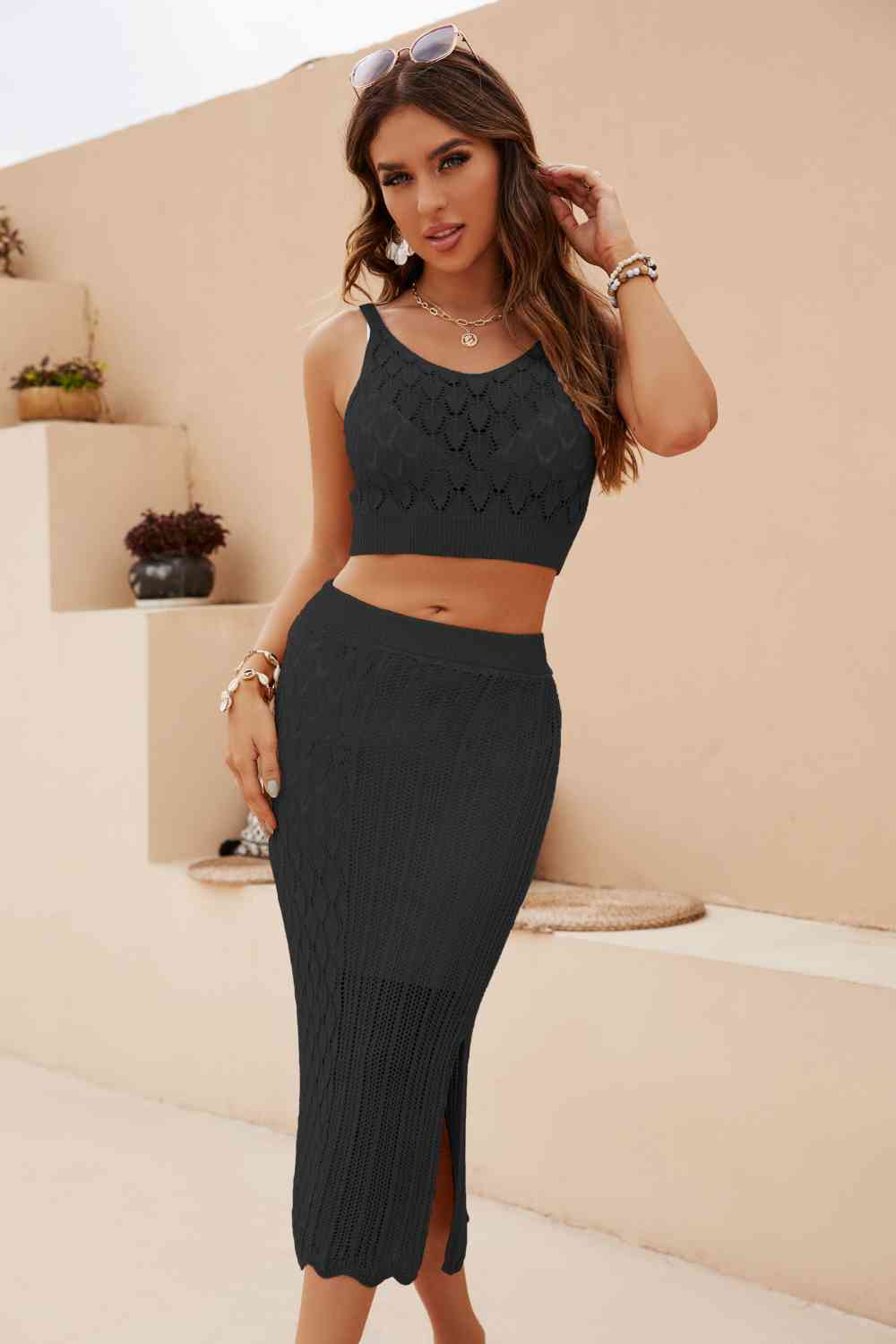 Openwork Cropped Tank and Split Skirt Set  Hot Trends