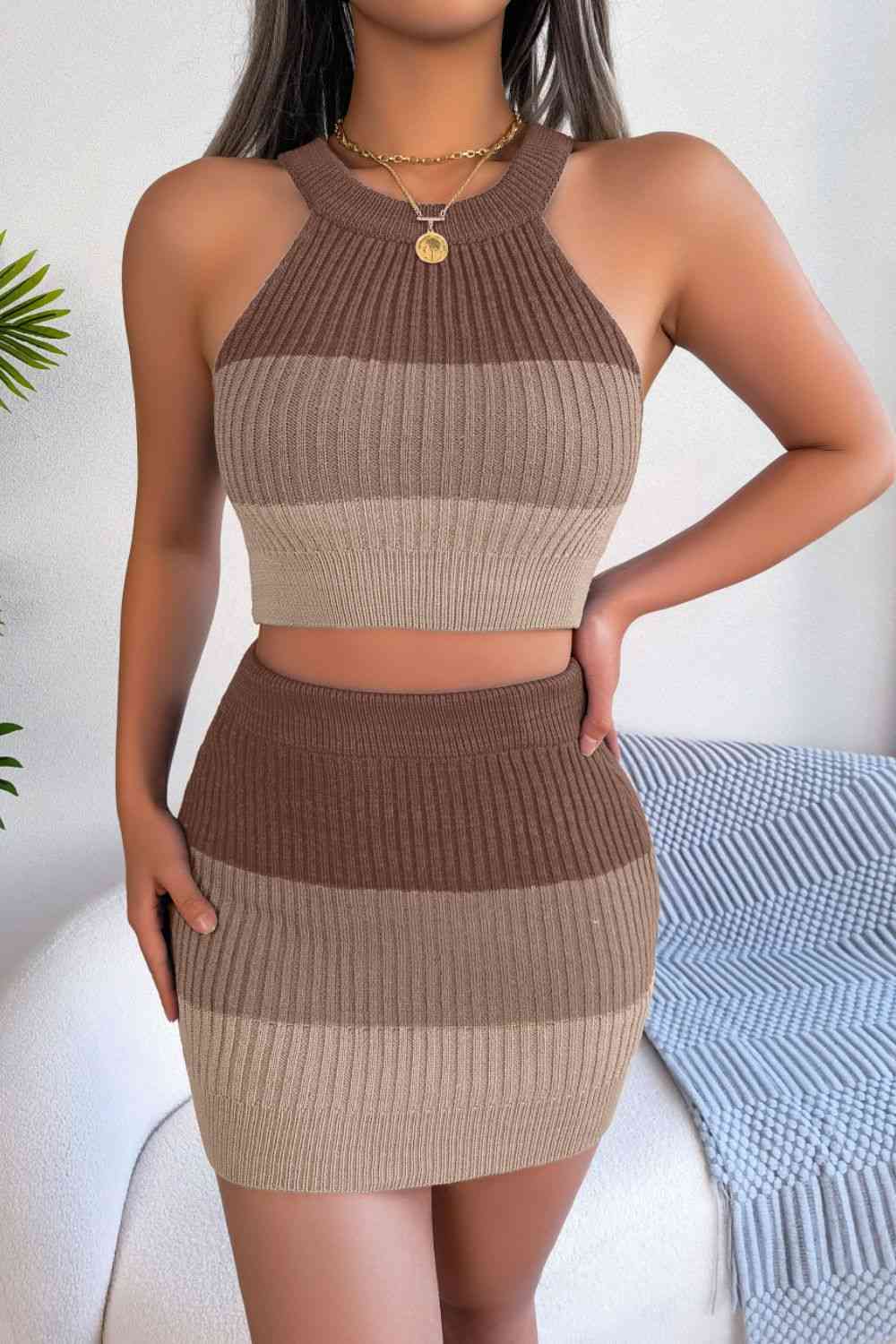Color Block Sleeveless Crop Knit Top and Skirt Set Trendsi