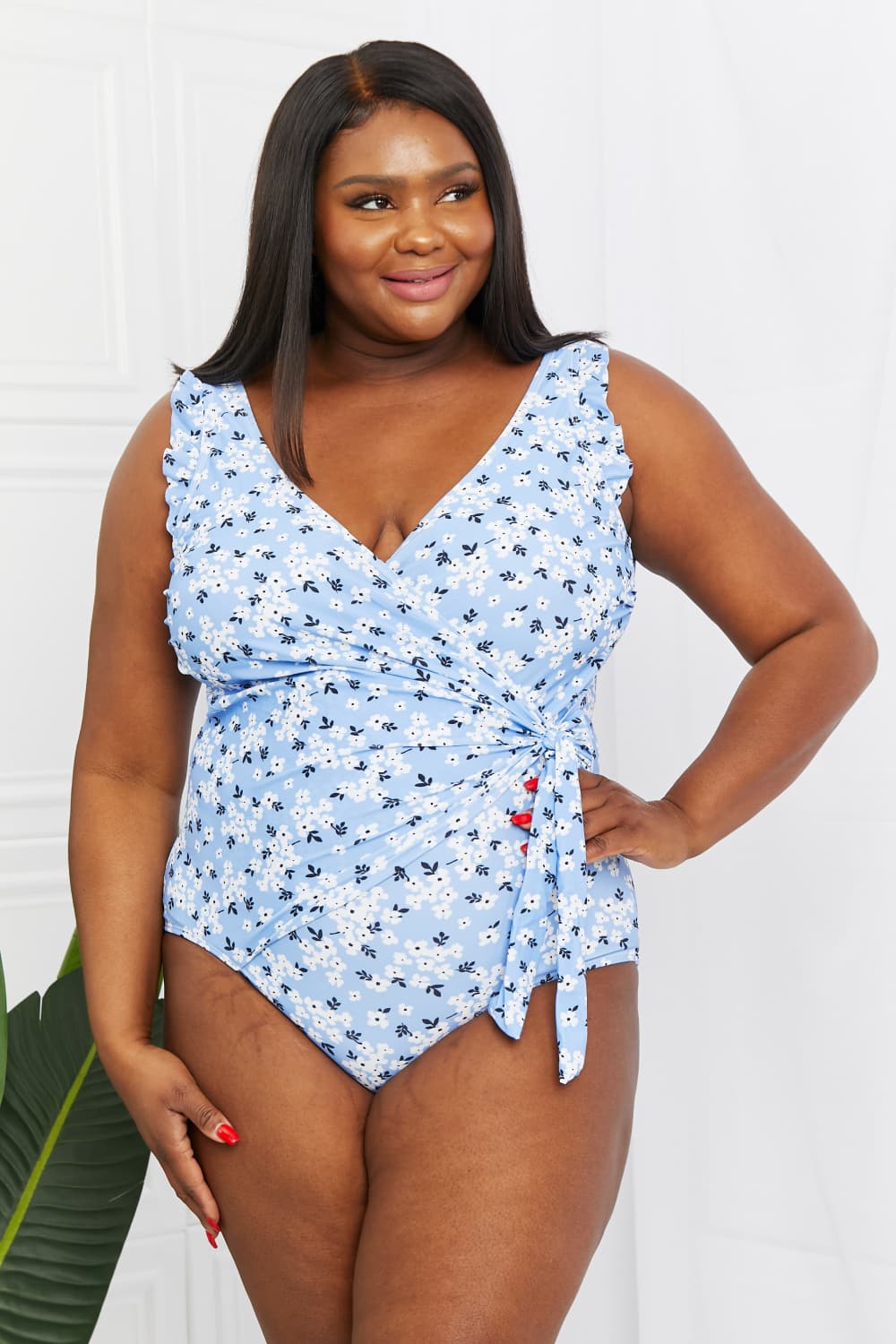 Marina West Swim Full Size Float On Ruffle Faux Wrap One-Piece in Blossom Blue Trendsi