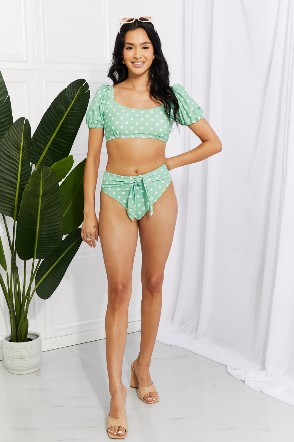 Marina West Swim Vacay Ready Puff Sleeve Bikini in Gum Leaf Trendsi
