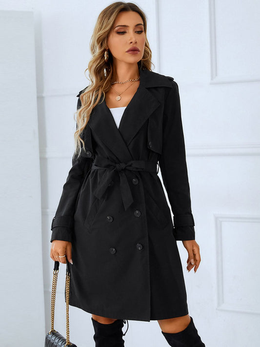 Lapel Collar Tie Belt Double-Breasted Trench Coat Trendsi