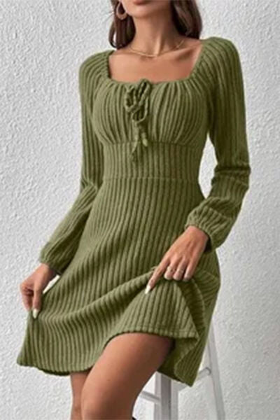 Ribbed Tied Square Neck Long Sleeve Casual Mini Dress for Women  Hot Trends