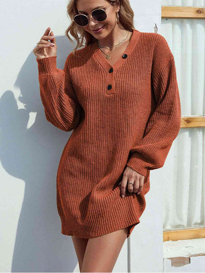 Buttoned V-Neck Sweater Dress Trendsi