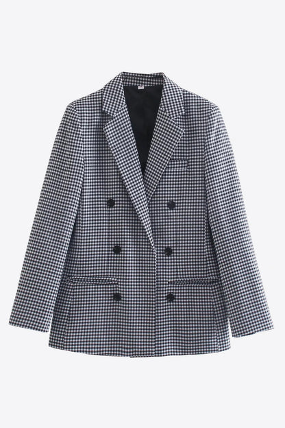 Plaid Double-Breasted Blazer Trendsi