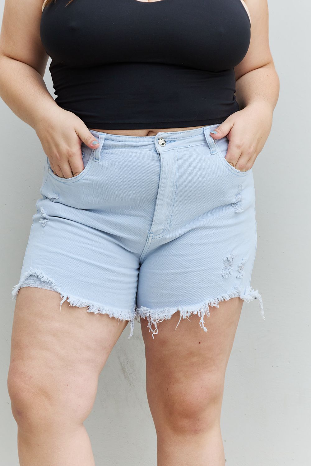 RISEN Katie Full Size High Waisted Distressed Shorts in Ice Blue Trendsi