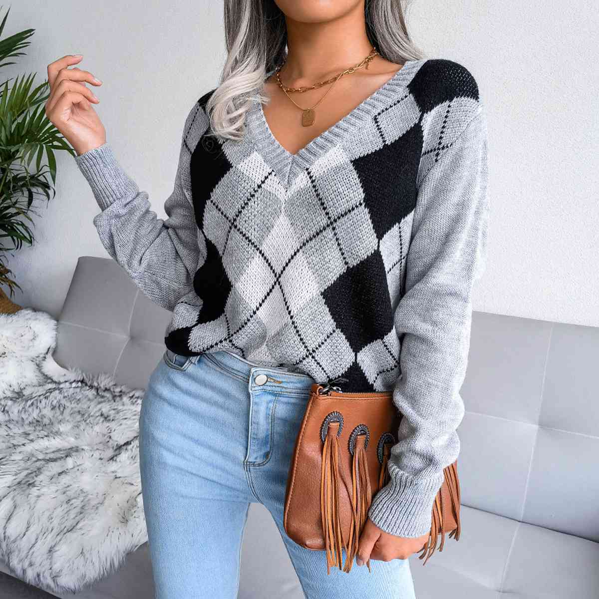 Geometric V-Neck Sweater Women  Hot Trends