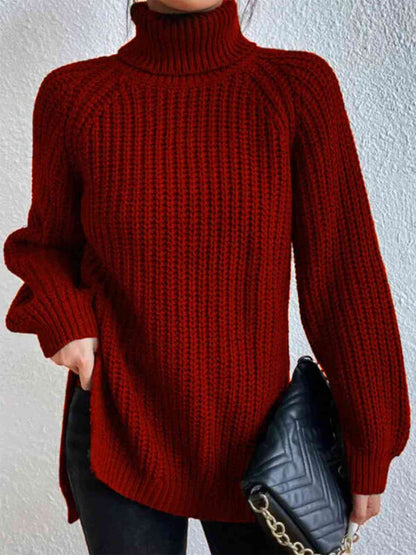 Full Size Turtleneck Rib-Knit Slit Sweater Trendsi