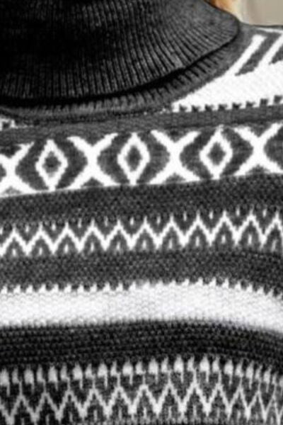Geometric Turtleneck Long Sleeve Sweater Trendsi