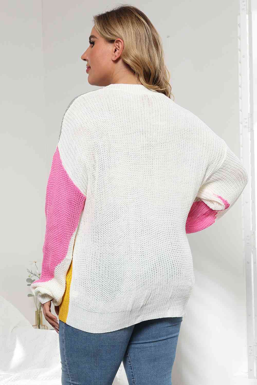 Plus Size Color Block Round Neck Sweater Trendsi