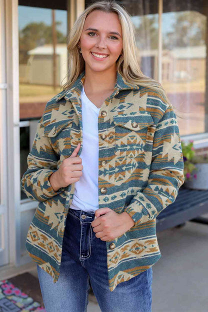 Geometric Button Down Collared Jacket Trendsi