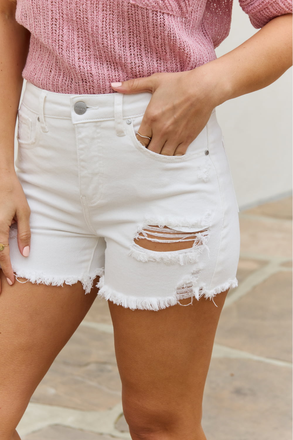 RISEN Lily High Waisted Distressed Shorts Trendsi