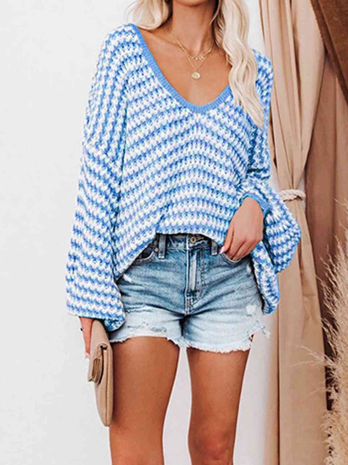 Striped Drop Shoulder V-Neck Sweater Women  Hot Trends