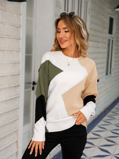 Color Block Round Neck Dropped Shoulder Sweater  Hot Trends