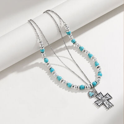 Artificial Turquoise Beaded Double-Layered Cross Necklace Trendsi