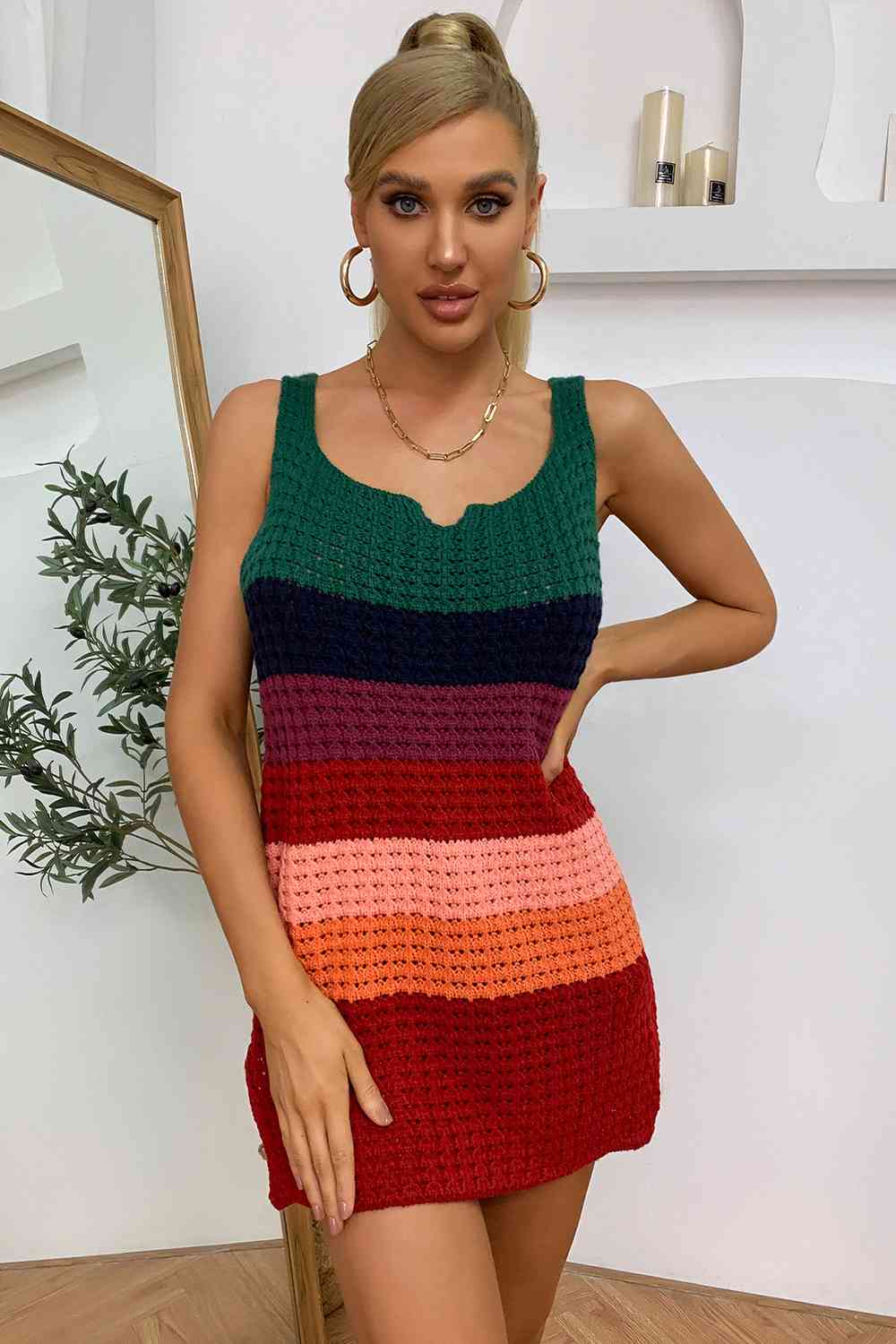 Color Block Notched Neck Slit Sweater Dress Trendsi