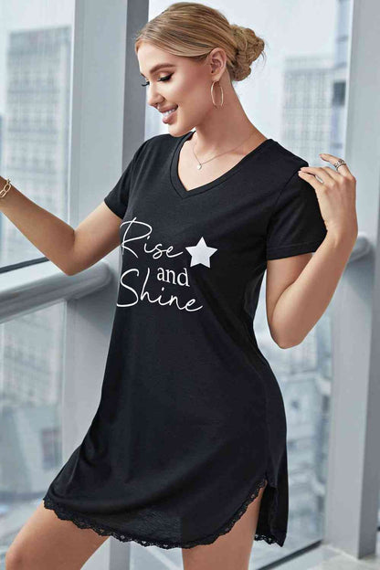 RISE AND SHINE Contrast Lace V-Neck Pajama T-Shirt Dress  Hot Trends