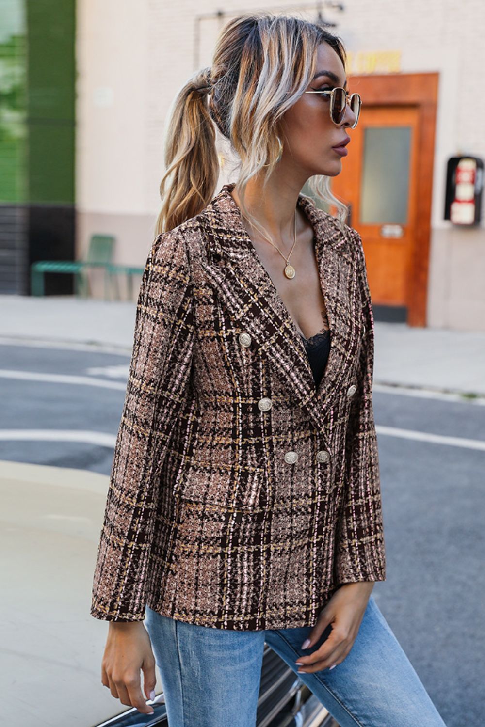 Full Size Plaid Buttoned Blazer Trendsi