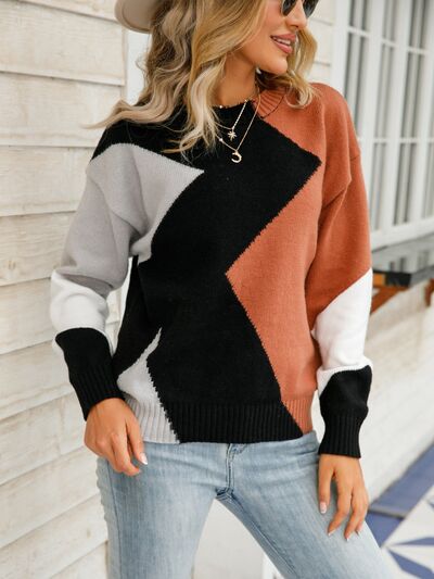 Color Block Round Neck Dropped Shoulder Sweater  Hot Trends
