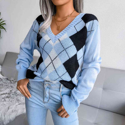 Geometric V-Neck Sweater Women  Hot Trends