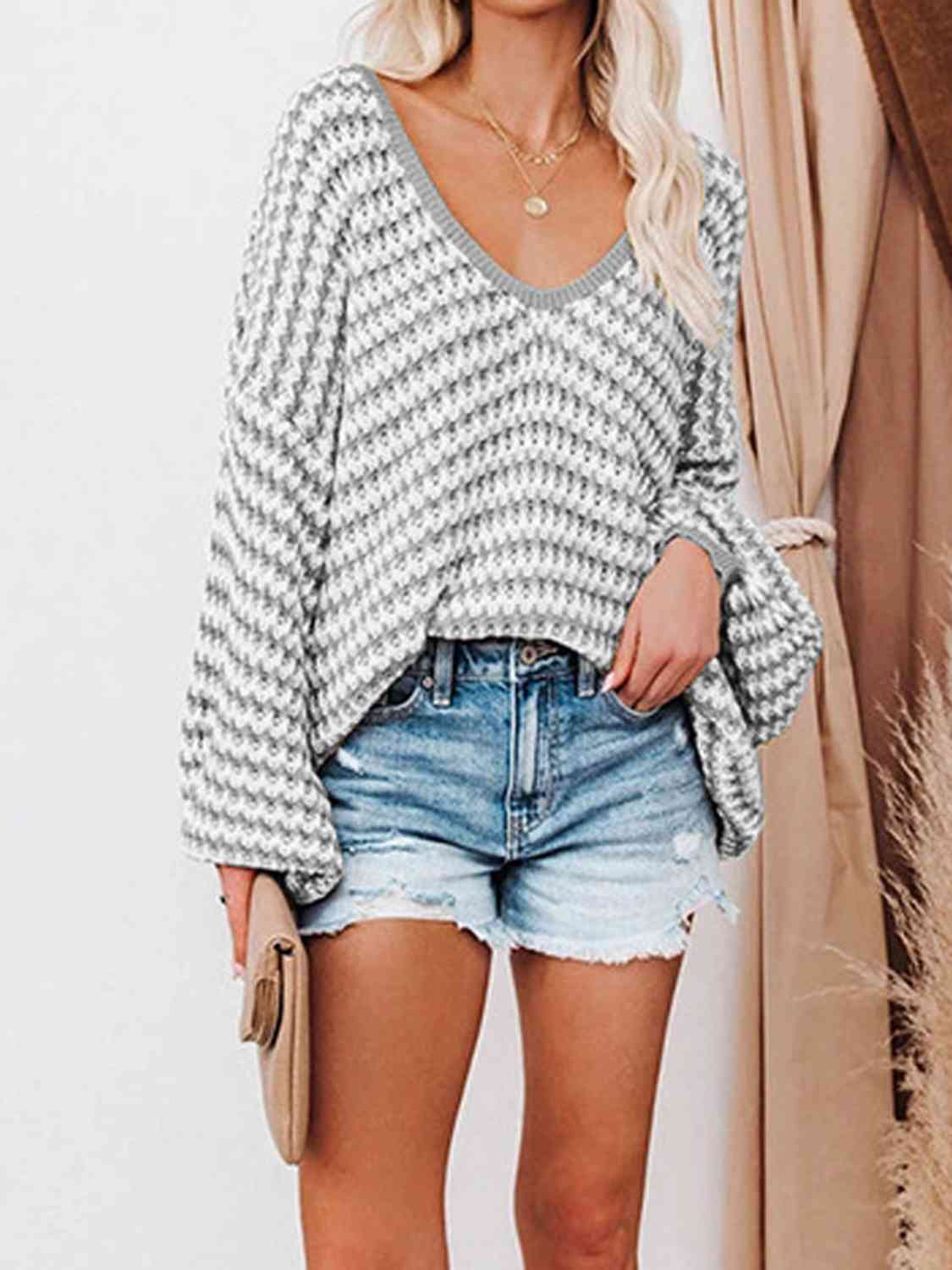 Striped Drop Shoulder V-Neck Sweater Trendsi