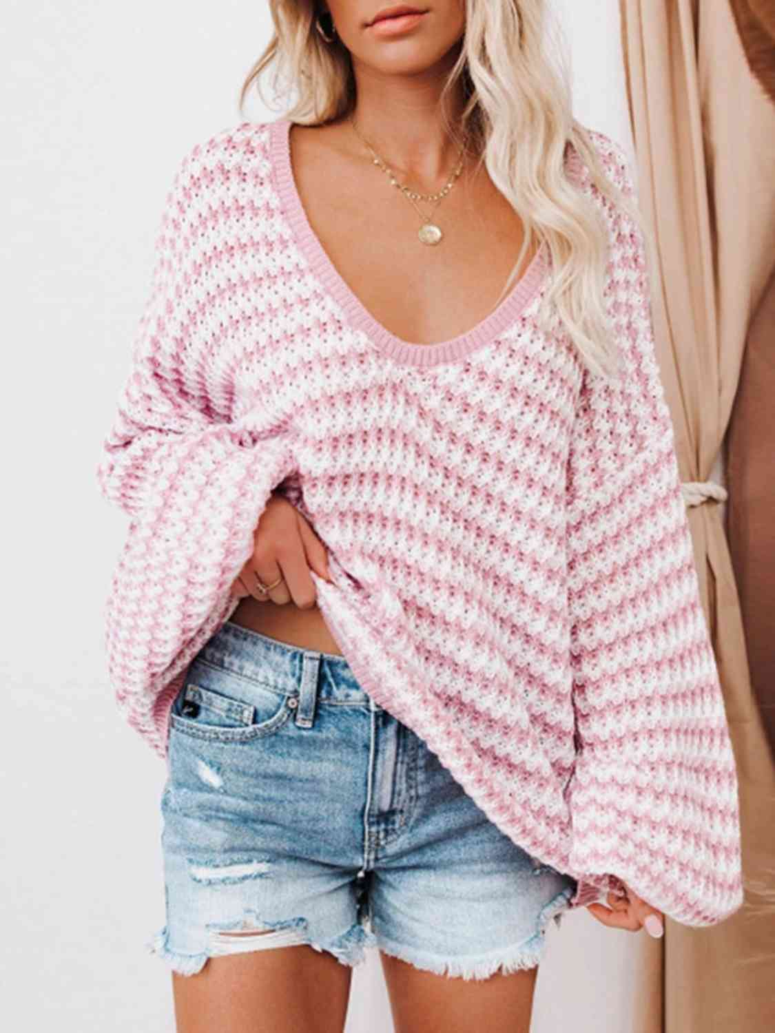 Striped Drop Shoulder V-Neck Sweater Trendsi