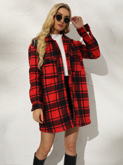 Plaid Collared Longline Coat Trendsi