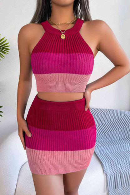 Color Block Sleeveless Crop Knit Top and Skirt Set  Hot Trends