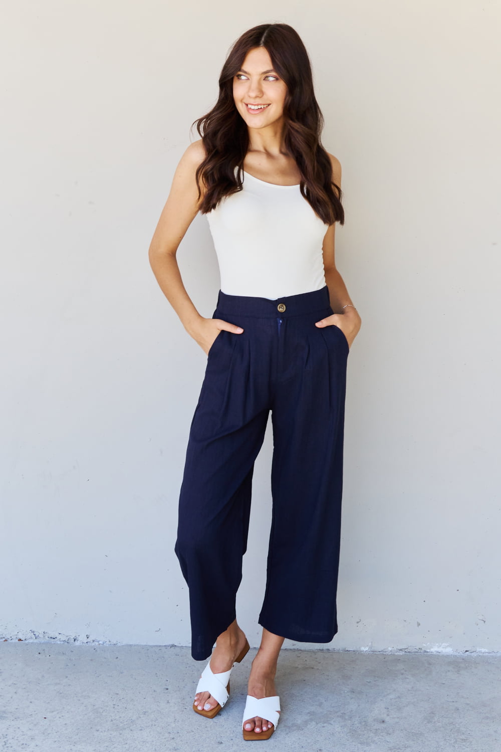 And The Why In The Mix Full Size Pleated Detail Linen Pants in Dark Navy Trendsi