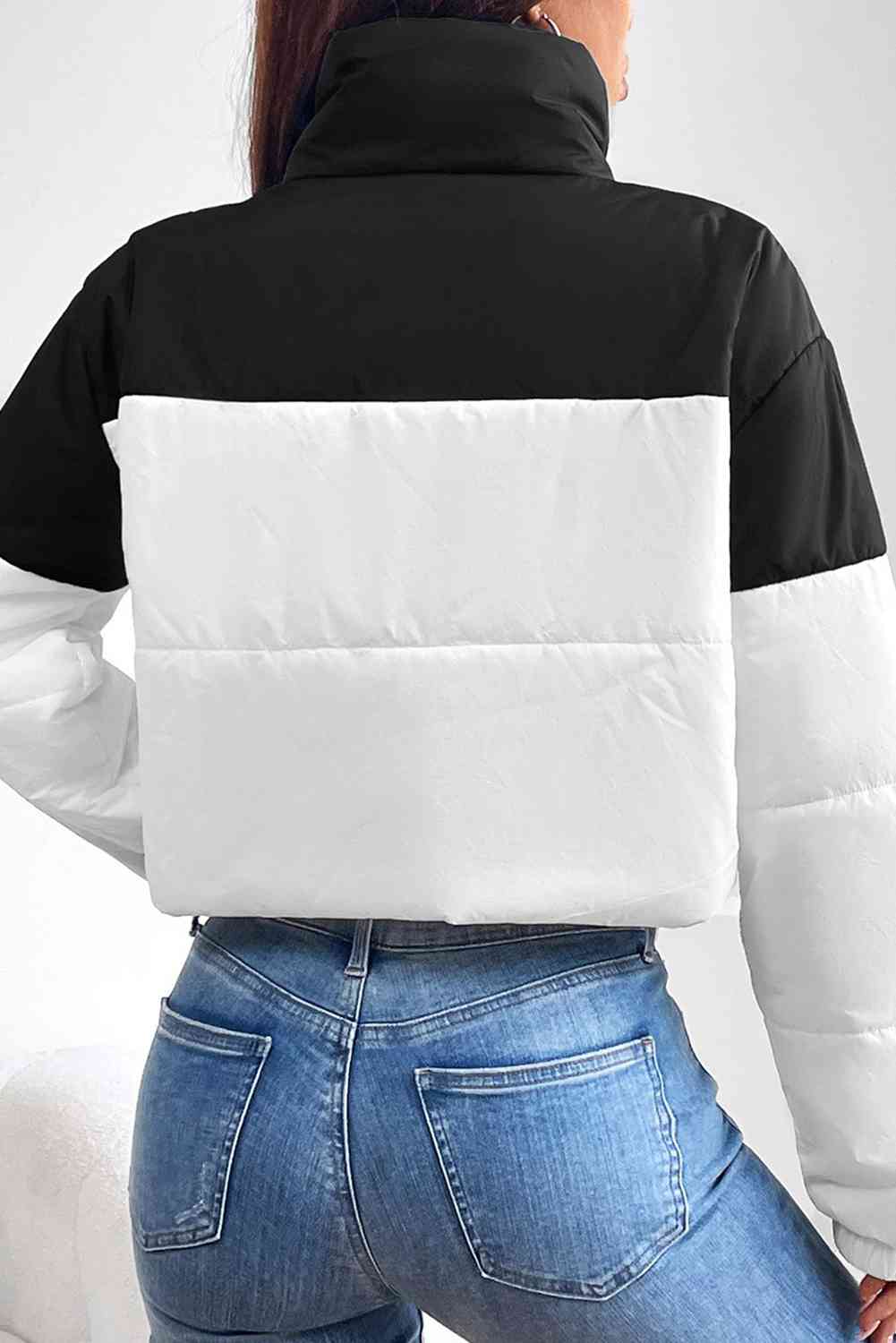 Collared Neck Color Block Puffer Jacket Trendsi