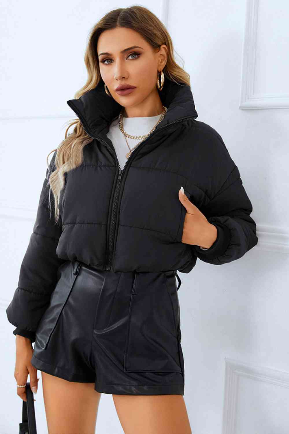 Zip-Up Winter Coat with Pockets Trendsi