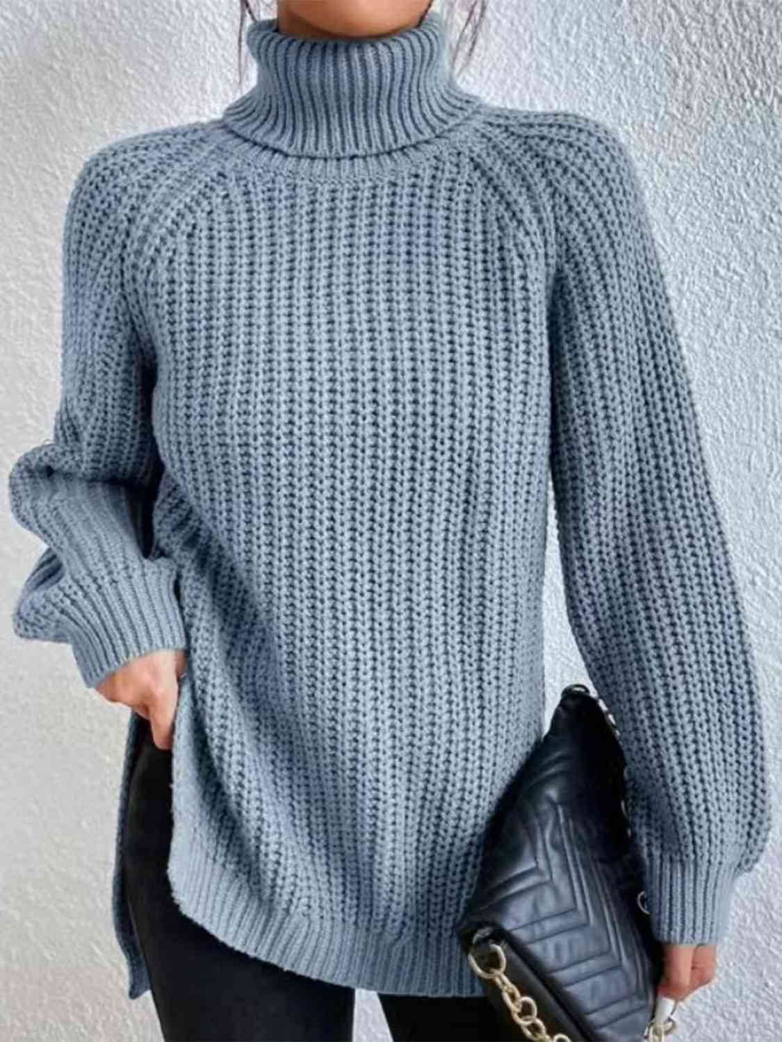 Full Size Turtleneck Rib-Knit Slit Sweater Trendsi