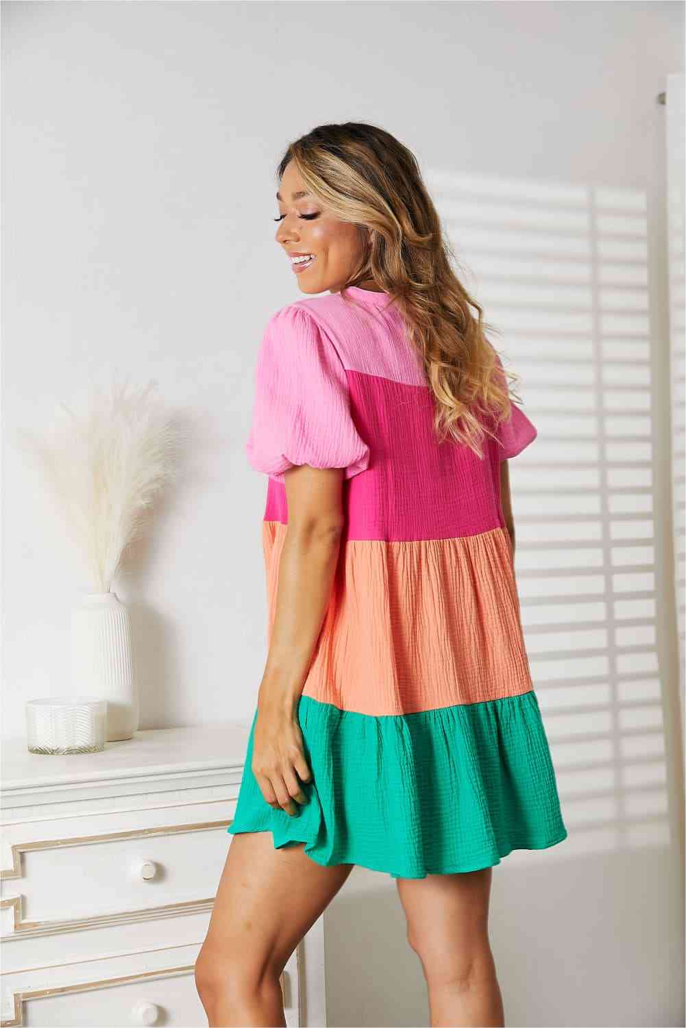 Double Take Color Block Buttoned Puff Sleeve Casual Dress for Women  Hot Trends