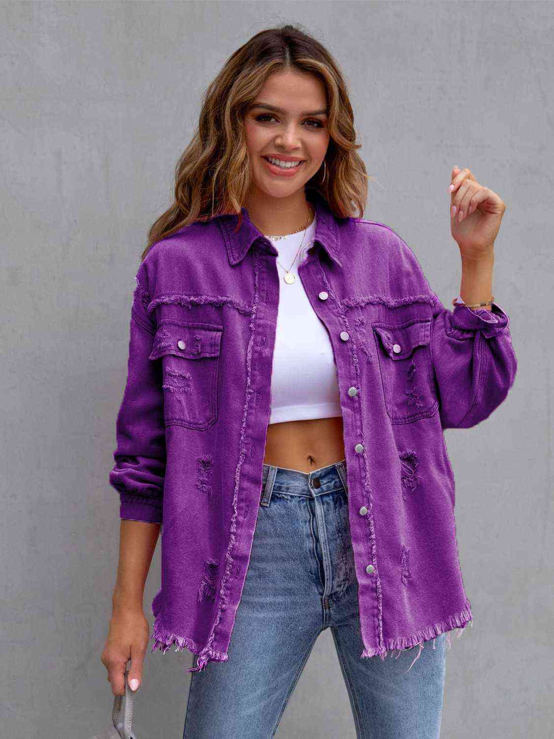 Distressed Drop Shoulder Denim Jacket  Hot Trends