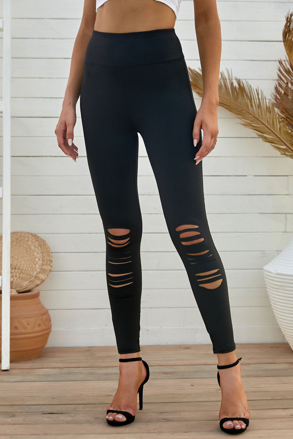 Double Take Wide Waistband Distressed Slim Fit Leggings Trendsi