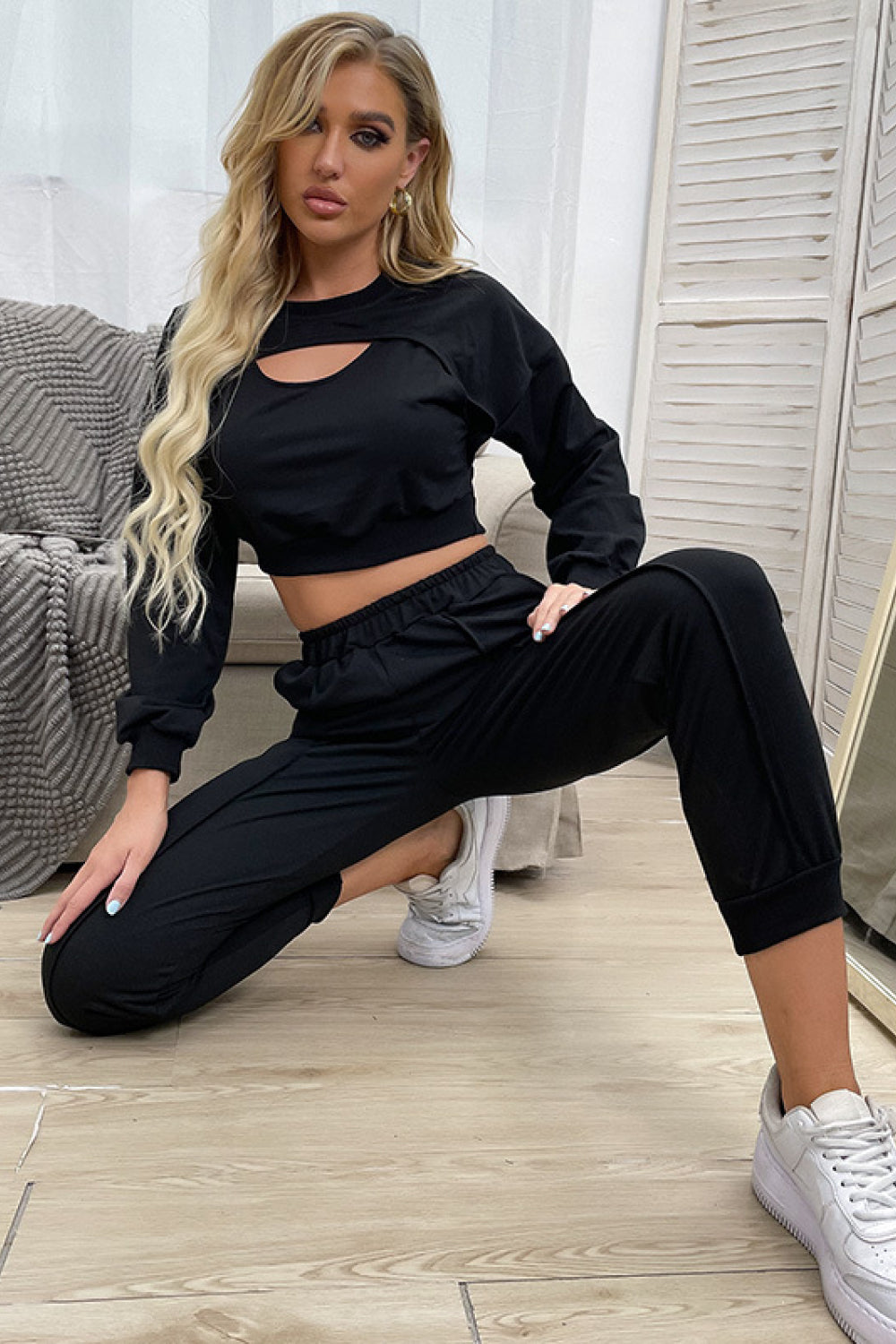 Cut Out Crop Top and Joggers Set Trendsi
