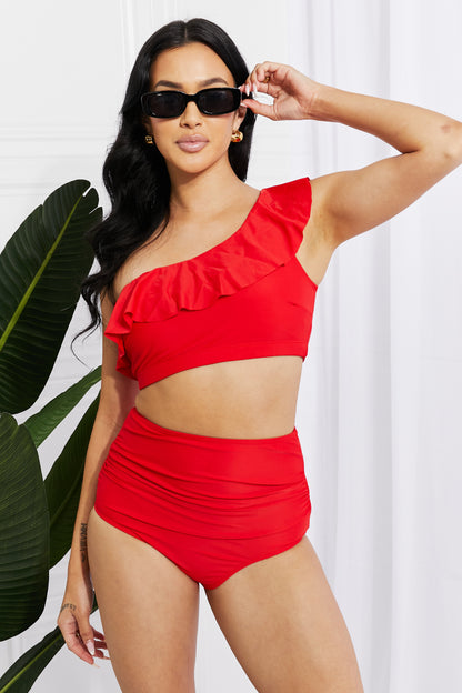 Marina West Swim Seaside Romance Ruffle One-Shoulder Bikini in Red Trendsi