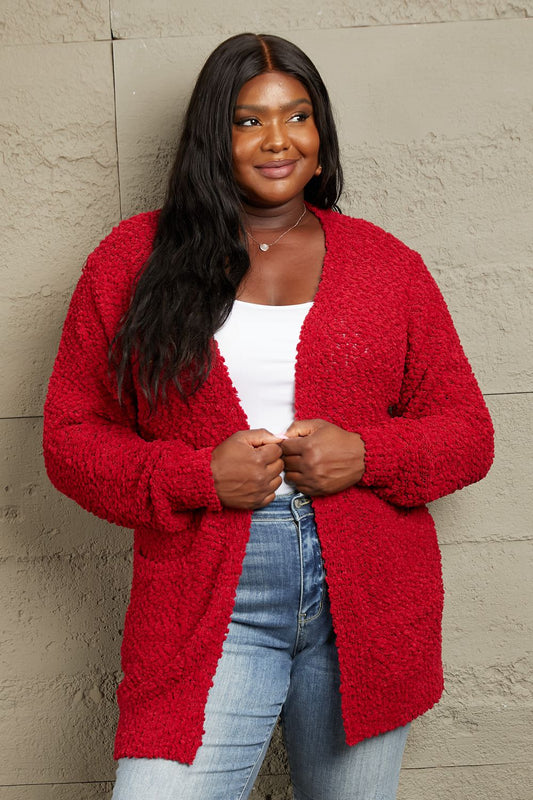 Zenana Falling For You Full Size Open Front Popcorn Cardigan Trendsi