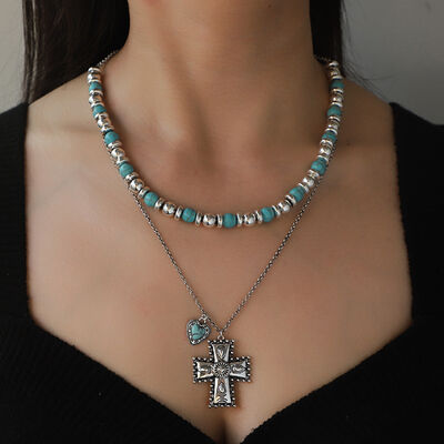 Artificial Turquoise Beaded Double-Layered Cross Necklaces for Women  Hot Trends