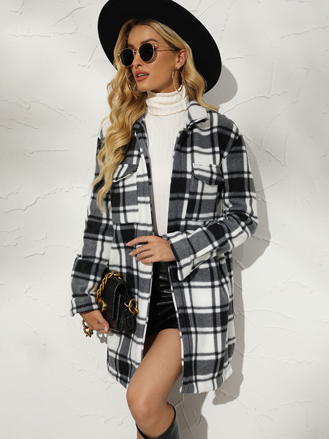 Plaid Collared Longline Coat Trendsi