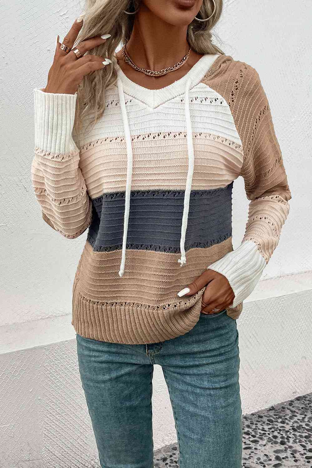 Color Block Drawstring Hooded Sweater Trendsi