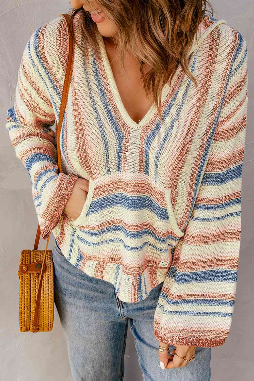 Striped Hooded Sweater with Kangaroo Pocket Trendsi