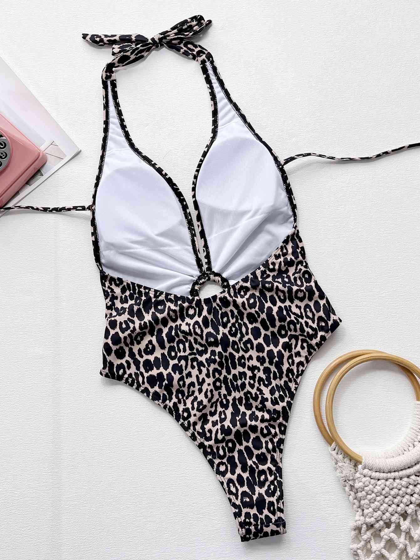 Leopard Halter Neck Ring Detail One-Piece Swimsuit Trendsi