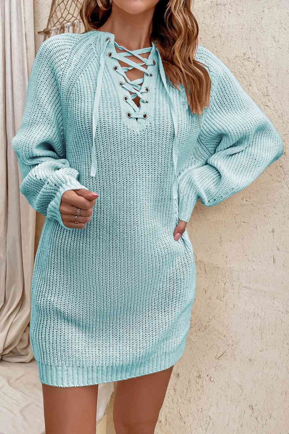 Lace-Up Mini Sweater Dress Trendsi