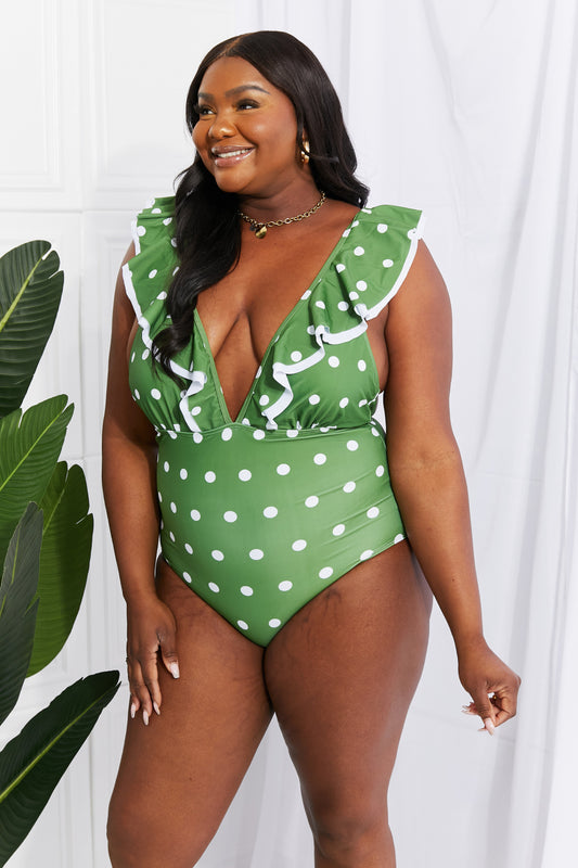 Marina West Swim Moonlit Dip Ruffle Plunge Swimsuit in Mid Green Trendsi