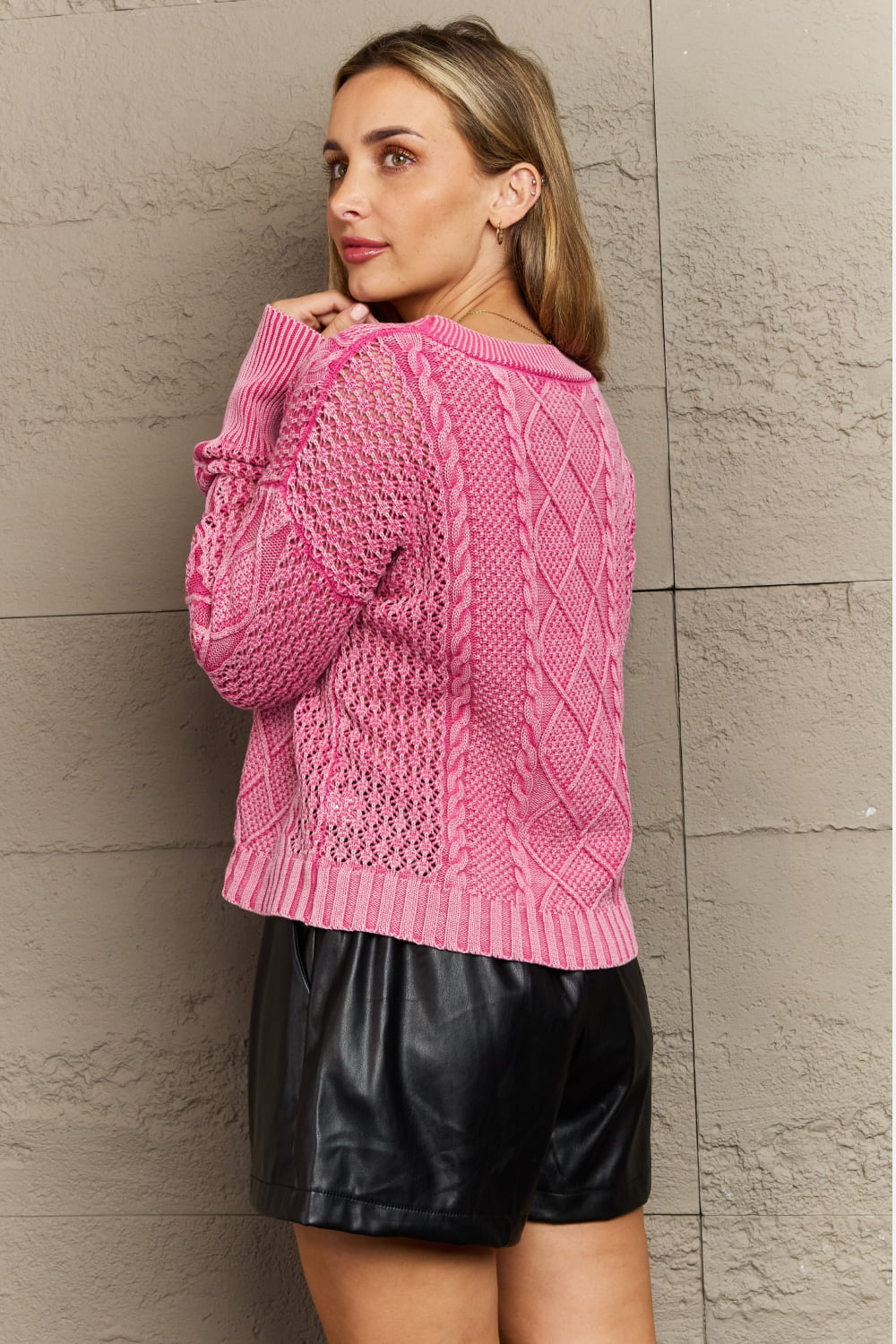 HEYSON Soft Focus Full Size Wash Cable Knit Cardigan in Fuchsia Trendsi