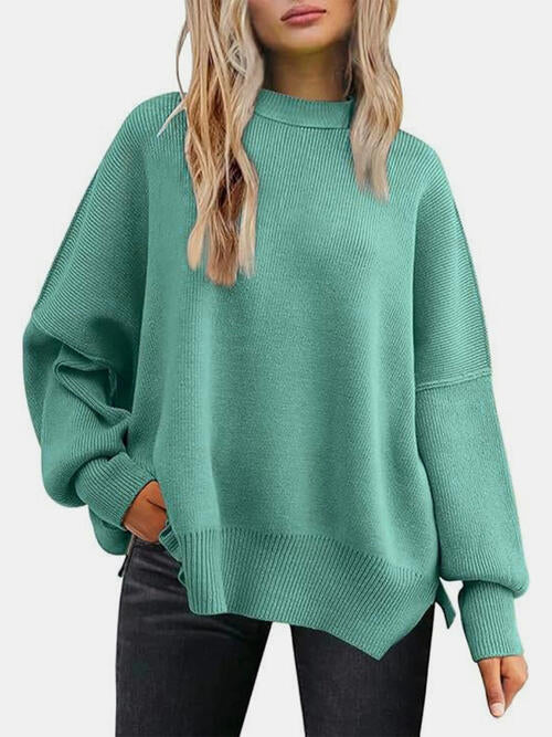Round Neck Drop Shoulder Slit Sweater Trendsi