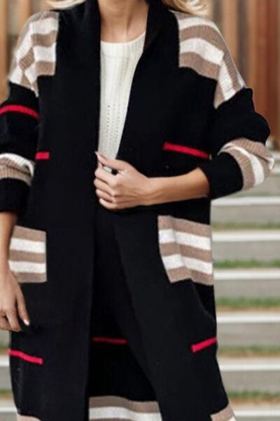 Striped Open Front Long Sleeve Longline Sweater Cardigan Hot Trends Online